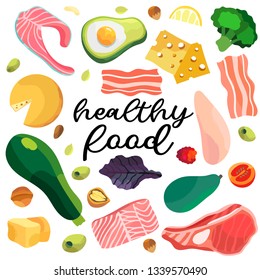 Vector set of healthy food isolated on a white background. Keto diet.