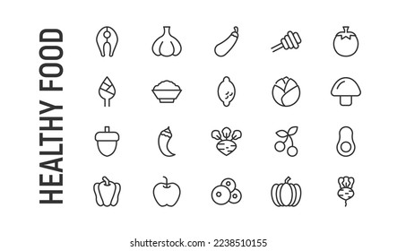 Vector set of healthy food thin line icons. Design of 20 stroke pictograms. Signs of healthy food isolated on a white background.