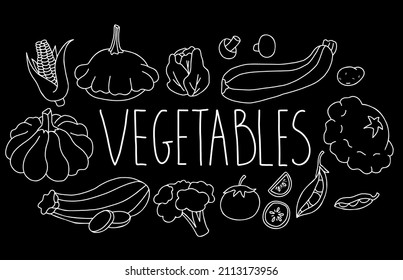 Vector Set of healthy food vegetables. Pumpkin and patisson, zucchini, cabbage, tomatoes and potatoes, mushrooms and corn, peas and cauliflower. Isolated linear chalk hand drawing on black background