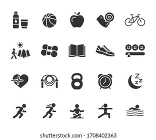 Conjunto vectorial de íconos planos de estilo de vida saludable. Contiene iconos ejercicio, comida saludable, caminatas al aire libre, rutina diaria, conocimiento, buen humor y más. Pixel perfecto.