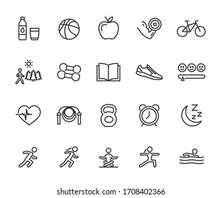 Conjunto vectorial de iconos saludables de la línea de estilo de vida. Contiene iconos ejercicio, comida saludable, caminatas al aire libre, rutina diaria, conocimiento, buen humor y más. Pixel perfecto.