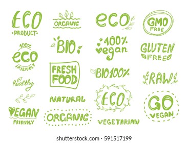 Vector set of healthy organic, 100% bio, GMO and gluten free, eco, vegan food labels, logo for restaurants, vegan cafe, menu, farm market and organic products packaging. Hand drawn, isolated, green