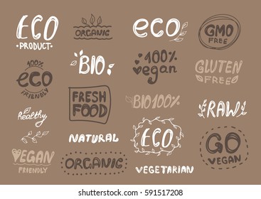 Vector set of healthy organic, 100% bio, GMO and gluten free, eco, vegan food labels, logo for restaurants, vegan cafe, menu, farm market and organic products packaging. Hand drawn, isolated on brown