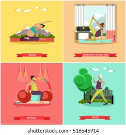 Vector Set Of Healthy Pregnancy. Morning Exercise, Fitness, Fitball Training, Walk And Yoga For Pregnant Women. Active Healthcare Lifestyle. Flat Design