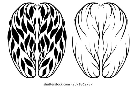 Vector set of healthy and unhealthy human brain from foliage and branches top view. Collection of black silhouette of Internal organ from leaves. Illustration for medical articles