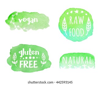 Vector set of healthy vegan, raw, gluten free, natural food labels. Watercolor style green backgrounds, hand drawn elements and lettering.