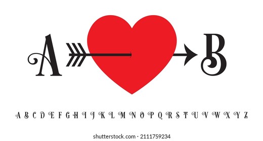 Conjunto vector de corazón, flecha y letras decorativas