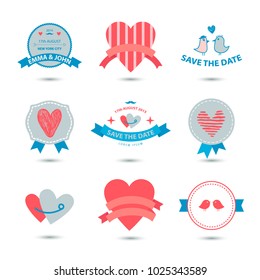 Vector set of heart banners, ribbons, love badges, icons. Vintage valentine set, romantic collection, wedding
