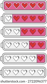 Vektorgrafik der Lebensdauerindikatoren für Herzbatterien. Romantische Energieniveaus, Dating-App-Interface-Symbole und Liebe Ladestatus mit Herz-Icons von voll bis leer.