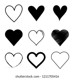 Vector Set Heart Black Outline, Draw The Hand.