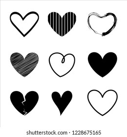 Vector set heart black outline, draw the hand on white background, creativity for various tasks, illustration, valentine's day of sadness, hearts collection icon, love symbol.