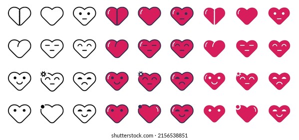 Vector set of heart characters in doodle style. Heart emoticons clip art isolated on white background.