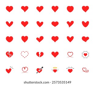 Vector set of heart color flat icons. Pixel perfect.