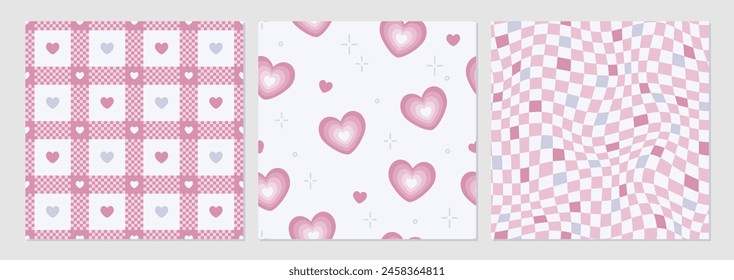 Juego de Vectores. Patrón de cuadros de gingham cardiaco. Diseño de San Valentín. Fondo Abstractas. Textura sin costura para la impresión, textil, tela.