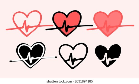 Vector set of a heart icon with a red pulse. hand-drawn doodle-style set of isolated black heart outline and silhouette for the design template. Doodle set. Vector graphic. Heart icon set. 