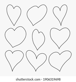 Vector set of heart icons. Black linear symbols on a white background. Editable stroke.
