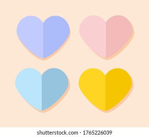 Vector set of heart icons. Perfect love symbol. Valentines day badge, emblem isolated with shadow, flat style for graphic and web design, logo. Pink yellow blue purple color.