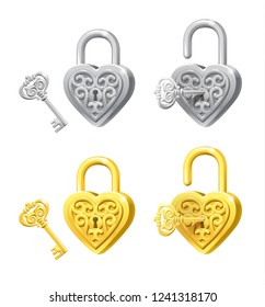 vector set of heart locks and keys silver and gold