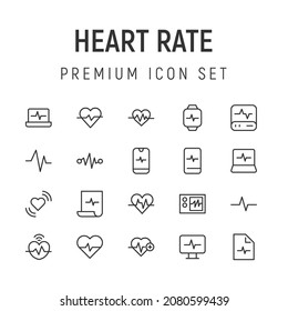 Vector set of heart rate thin line icons. Design of 20 stroke pictograms. Signs of heart rate isolated on a white background.