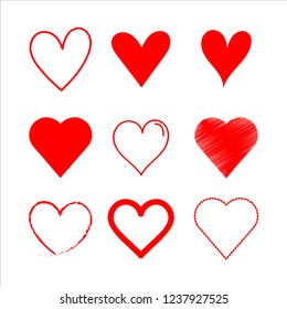 Vector set heart red  outline draw the hand.