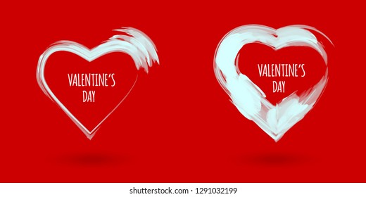 Vector set of Heart shape frame with brush painting isolated on red background