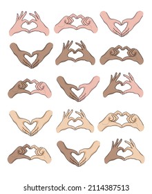 Vector set of heart shaped hand different skin color, national and valintine's day, african american hands, palms and arms, black and white skins.
