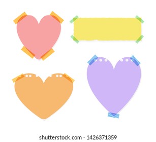 Vector Set of Heart Shaped Memo Stickers Isolated on White Background, Colorful Notes, Cute Illustration Template, Blank Frames.