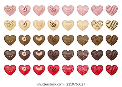 Vector set of heart shaped white, milk, red, pink and dark chocolate sweets decorated with nuts and pastry cream.

