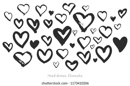 Vector set of heart shapes made by hand. Isolated on white