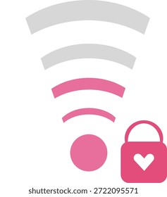 Vector conjunto de iconos de la fuerza de la señal del corazón con el candado. Ama el concepto de conectividad, los símbolos de la interfaz del App de citas y la conexión romántica segura con barras de señal Wi-Fi y bloqueo cardíaco.