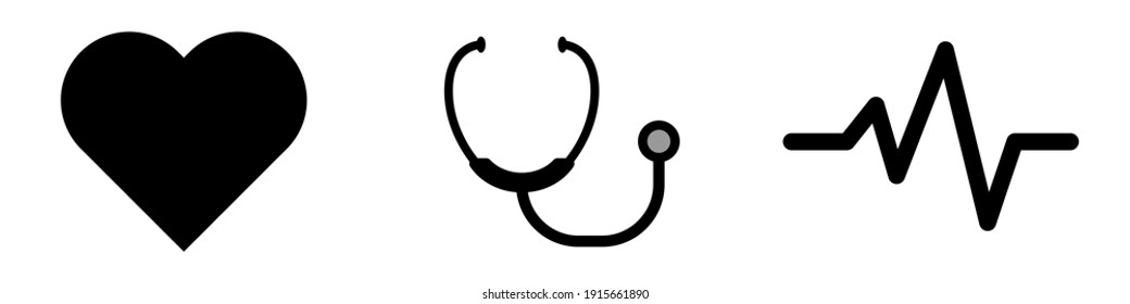 Vector set of heart, stethoscope, heartbeat. A set of symbols for medicine. Vector icons in a flat style. Vector illustration.