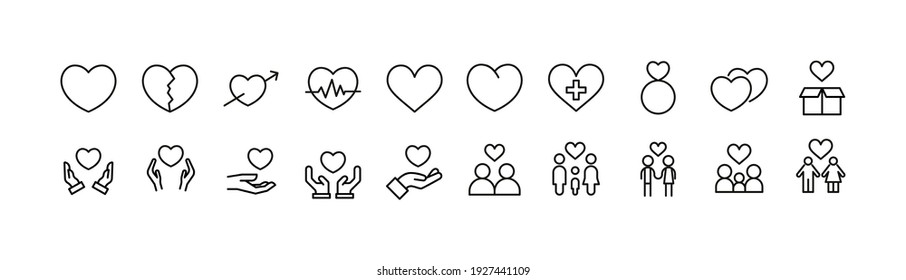 Vector set of heart thin line icons. Design of 20 stroke pictograms. Heart signs isolated on a white background.