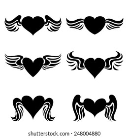 Vector set of heart with wings icons