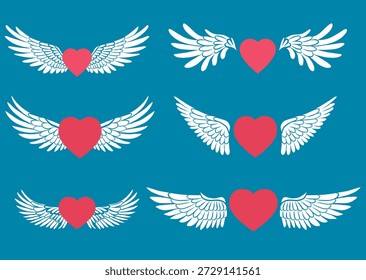 Vector conjunto de corazones con alas de ángel. Colección festiva del arte del Clip del símbolo del amor para las pegatinas y las tarjetas.