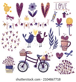 Vector set with hearts, birds, flowers and other romantic illustrations. Perfect for birthdays, st Valentine’s Day and weddings backgrounds, greeting cards or invitations. Colour of the year