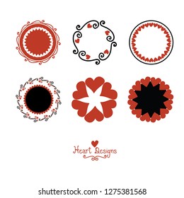 vector set of hearts and curls in valentine's day border design or wedding borders with love and heart frames in red and black on white background 