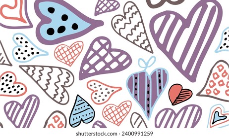VECTOR Set of hearts with different linear patterns, simple cute hearts with lines, circles and waves. 