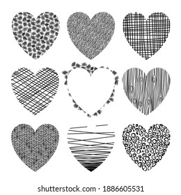 vector set of hearts of different texture, wood texture, pumice texture, lines and cells, circles and strokes