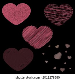 Vector set of hearts with different textures on a black background, Valentine's day