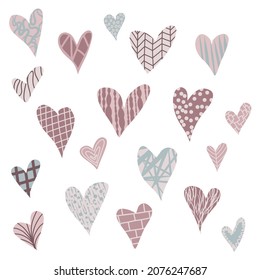 Vector set of hearts with different textures in pastel colors. Hand drawn sketch for your personal design, print, fabric, paper, decoration 