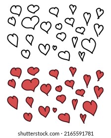 Conjunto vectorial de corazones en estilo doodle aislado en fondo blanco. Dibujo vectorial de caricatura de corazones dibujados a mano.