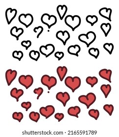 Vector set of hearts in doodle style isolated on white background. Cartoon vector illustration of hand drawn hearts.