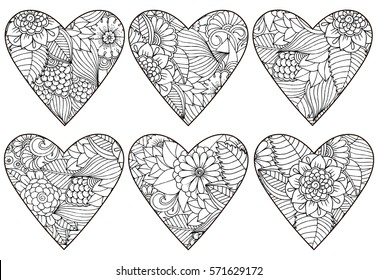 Vector set of hearts from floral pattern. Can use for invitation or celebration card and coloring book too