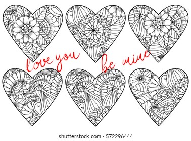 Vector set of hearts with floral pattern and lettering. Can use for invitation or celebration card and coloring book too
