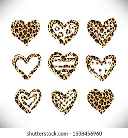 Vector set of hearts with leopard print. Grungy  hand drawn elements for your design isolated on white background