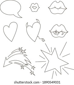 Vektorset: Herzen Lippen küssen Sprache Blase, Sterne, Pfeil. Mit dem Teufel Hörner, Schwanz, Vampirzähne und Blut. Line Art. Linear , einzeln auf weißen Elementen für Design-Karten, Symbole, Poster, Druck.