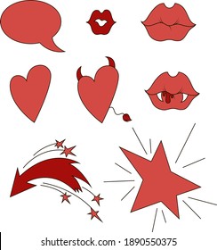 Conjunto de vectores: corazones, besos labios, burbuja de habla, estrellas, flecha. Con cuernos, cola, dientes de vampiro y sangre. Objetos rojos lineales, aislados en elementos blancos para tarjetas de diseño o iconos