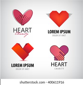 Vector set of hearts logos, charity logos. Paper origami heart icon, hands logo