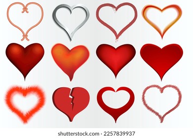 Vector set of hearts made in different styles.