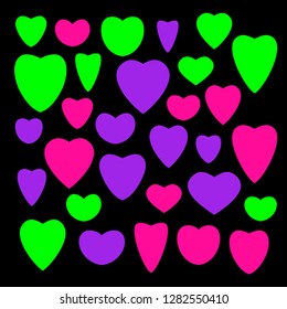 Vector set of hearts on black background. The illustration is made in trendy colors, UFO Green, Plastic Pink, Proton Purple.
